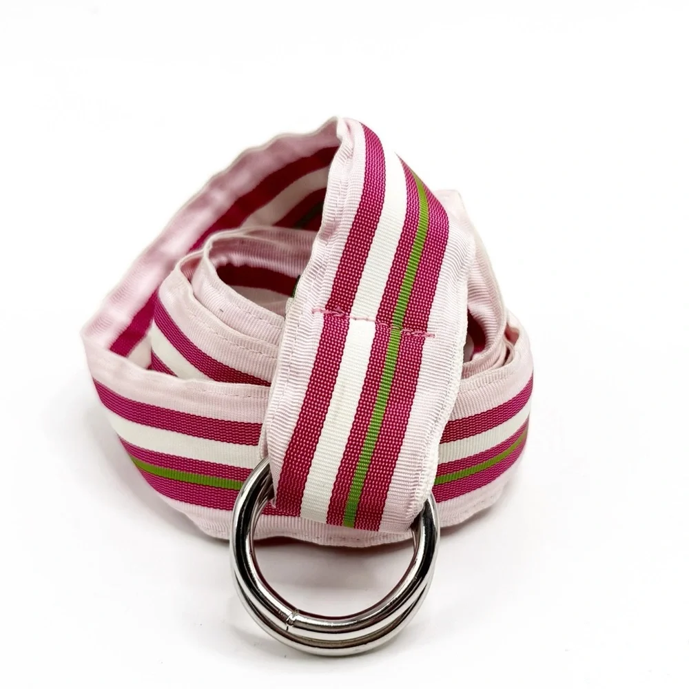 CK Bradley Pinks and Green Striped Ribbon Belt with Silver Buckle, Size Medium